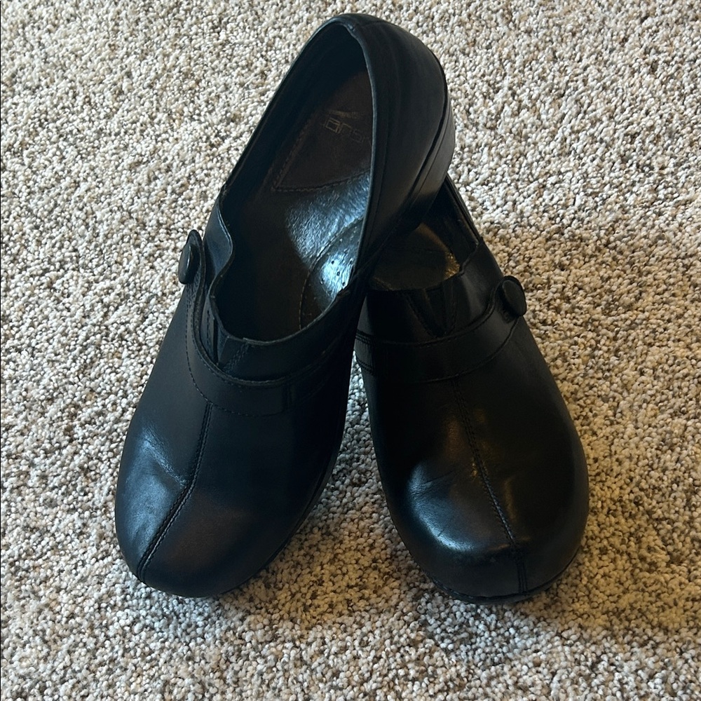Dansko Black Leather Button Strap Shoes